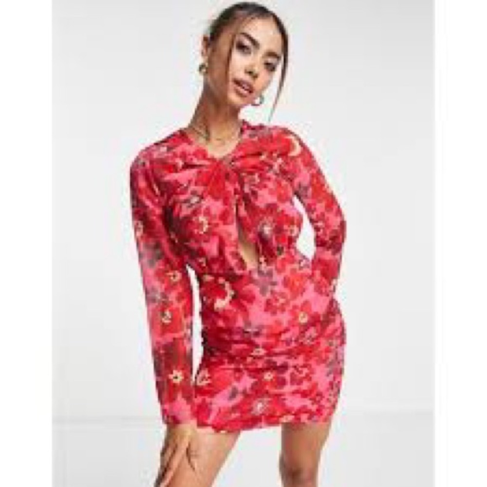 Hope & Ivy Ruched Floral Chiffon Mini Dress Size 10 LS Pink Cut Out Summer NWT